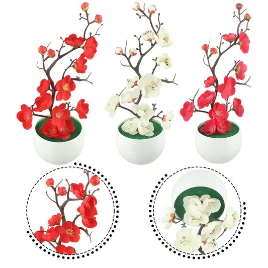 Potted Simulation Flower for Home Wedding Office Table Decoration Realistic Anti-fading Simulation Silk Plum Fake Plants