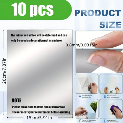 10pcs15/20cm 3D Self-adhesive Mirror Wall Stickers Thickened 2mm Flexible DIY Art Acrylic Mirror Stickers Living Room Decoration