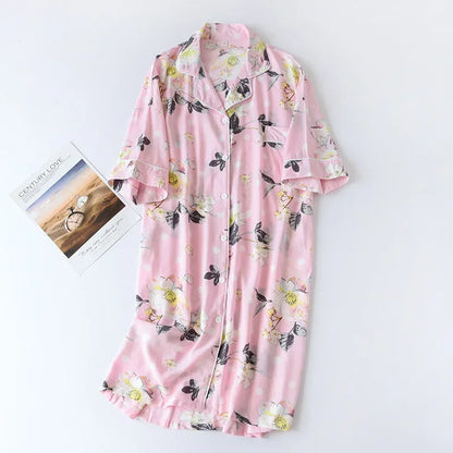 Women Summer Cotton Cardigan Nightdress Loose Women Short Sleeve Nightgown Cartoon Floral Print Sleep Dress Nachtkleding Vrouwen