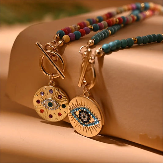 Chic 4mm Beads Colorful Stone Evil Charm Pendant Necklace for Women Vintage Boho Style Beads Chain Party Jewelry Daily Wear