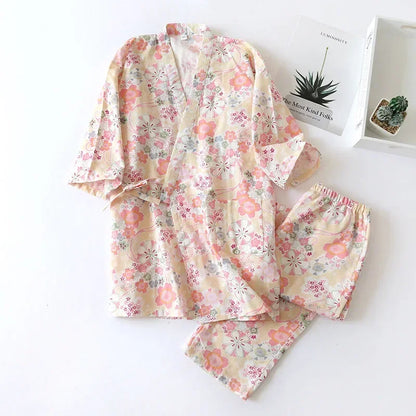 2025 new seven-sleeve Japanese-style kimono pajamas set female spring and autumn 100% cotton gauze home clothes cute sweet two-p
