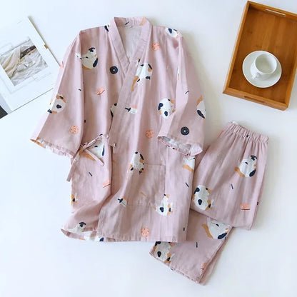 2025 new seven-sleeve Japanese-style kimono pajamas set female spring and autumn 100% cotton gauze home clothes cute sweet two-p