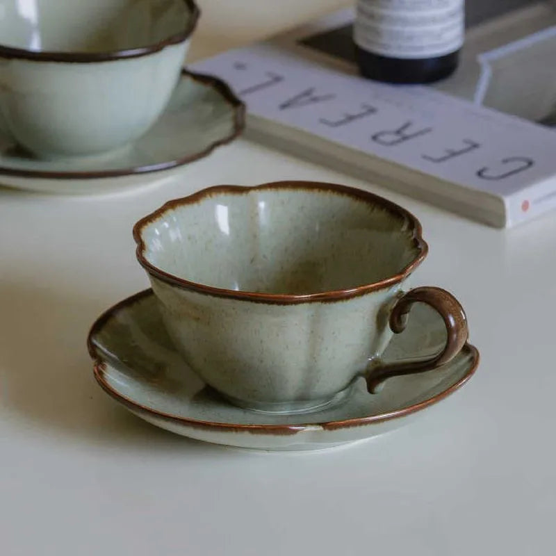 Ceramic Afternoon Tea Cup and Saucer Set, Lace Shape, Home Cafe, Office Teaware, Coffee Mug with Handle, Novel Gift, 240ml