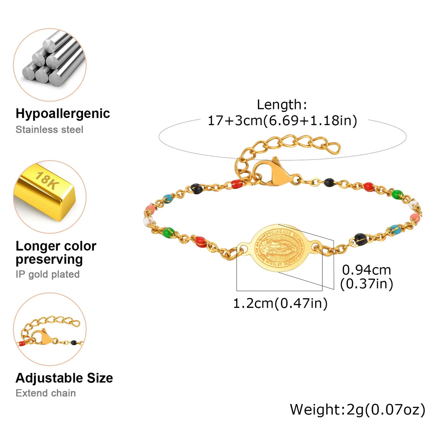 Bohemian Colored Bead Chains Virgin Bracelets for Women,Gold Color Stainless Steel Bracelets,Holy Christian Jewelry Gift