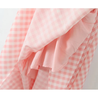 YENKYE  Summer Women Sexy Backless Pink Plaid Halter Dress Low Waist Elegant Party Dresses Holiday Robe