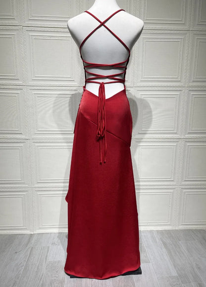 New in Summer Elegant Spaghetti Strap Satin Split Maxi Dress Women Sexy Backless Bodycon Party Evening Dress Summer Hol