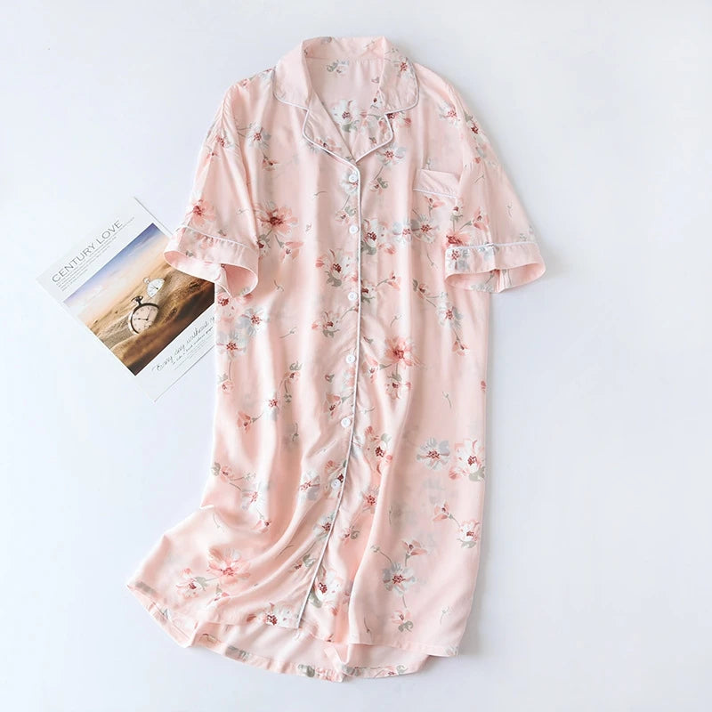 Soft Floral Print Nightgown Comfortable Half-Sleeve Lapel Sleepdress Gentle Style For Women's Homewear Sleepwear Summer Comfy