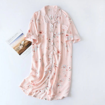 Soft Floral Print Nightgown Comfortable Half-Sleeve Lapel Sleepdress Gentle Style For Women's Homewear Sleepwear Summer Comfy
