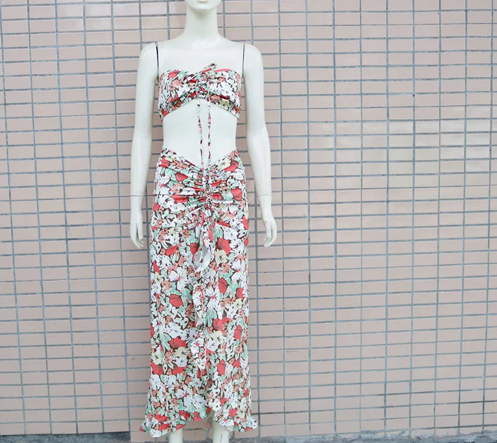 Printed Two-piece Sets Woman Summer 2024 Sexy Pleated Ruffled Edge Dress and Sleeveless Vest Suit for Female New Streetwear