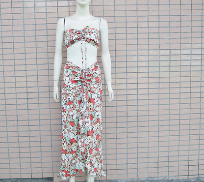Printed Two-piece Sets Woman Summer 2024 Sexy Pleated Ruffled Edge Dress and Sleeveless Vest Suit for Female New Streetwear