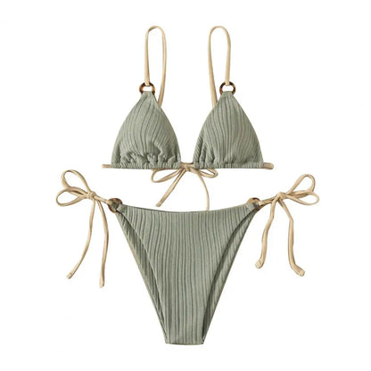 Padded Three-point Women Bikini Set Solid Color Spaghetti Strap Hoop Women Swimsuit Two-piece Swimwear Wireless Bathing Suit