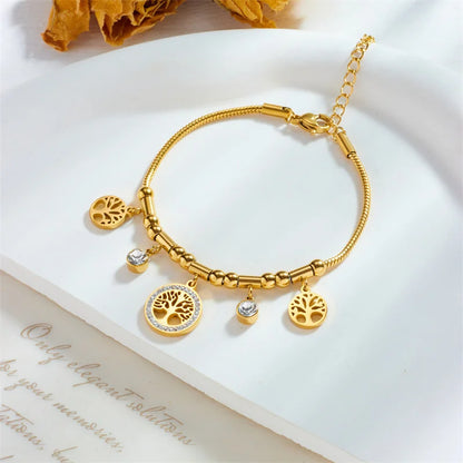 316L Stainless Steel Elegant Gold Color Tree - of - Life Charms Bracelet With Shiny Zircon Stone For Women's Daily Wear
