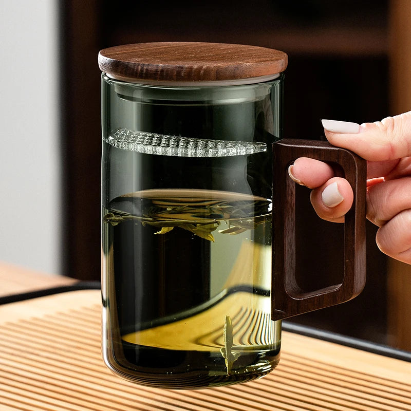 GIANXI 500ML Drinkware Transparent Glass Cup With wooden Lid Wooden Handle Coffee Mug Kitchen Tea Making Cup Coffeeware Teaware