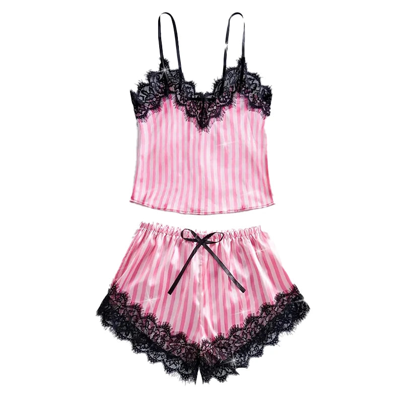 Women's Summer Thin Pajama Set Pink and White Stripes Fabric Soft and Smooth Pajama Set ﻿