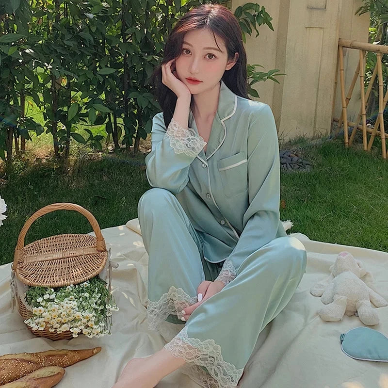 High Quality Ice Silk Light Luxury Pajamas Women's Pajama Spring and Autumn Style Long Sleeve Home Set Nightwear Sleepwear