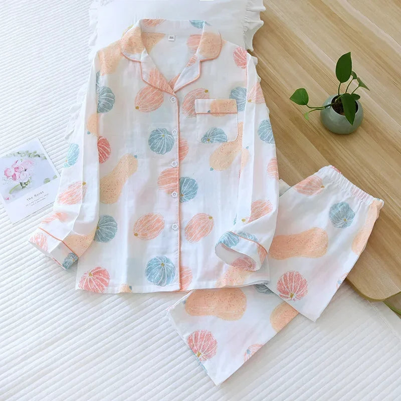 2025 kimono femme maple leaf pajama sets women 100% gauze cotton long sleeve casual sleepwear women pyjamas autumn hot sale