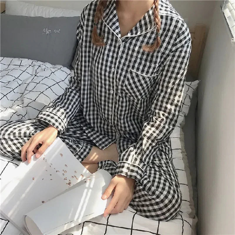 Four Seasons Women Pajamas Set with Lapel Top and Long Pants Checkered Striped Printed 2 Piece Set Ladies Nightwear Homewear