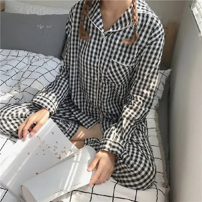 Four Seasons Women Pajamas Set with Lapel Top and Long Pants Checkered Striped Printed 2 Piece Set Ladies Nightwear Homewear