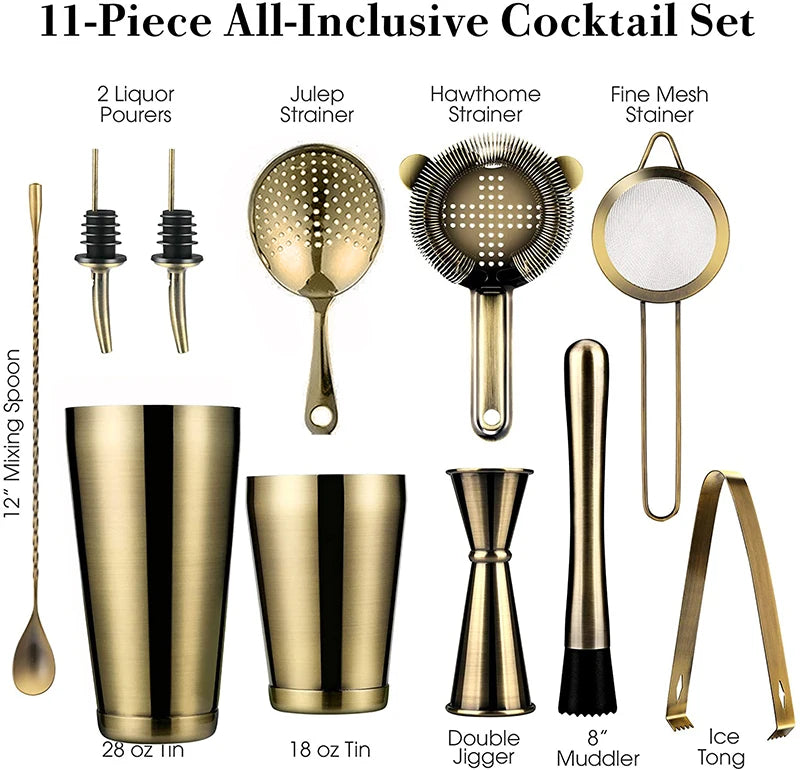 Cocktail Shaker Bar Set: 2 Weighted Boston Shakers, Cocktail Strainer Set,Jigger,Muddler and Spoon, Ice Tong and 2 Bottle Pourer