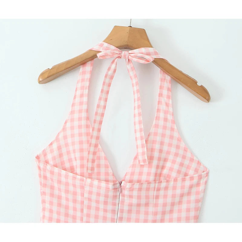 YENKYE  Summer Women Sexy Backless Pink Plaid Halter Dress Low Waist Elegant Party Dresses Holiday Robe