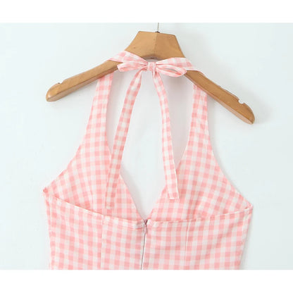 YENKYE  Summer Women Sexy Backless Pink Plaid Halter Dress Low Waist Elegant Party Dresses Holiday Robe