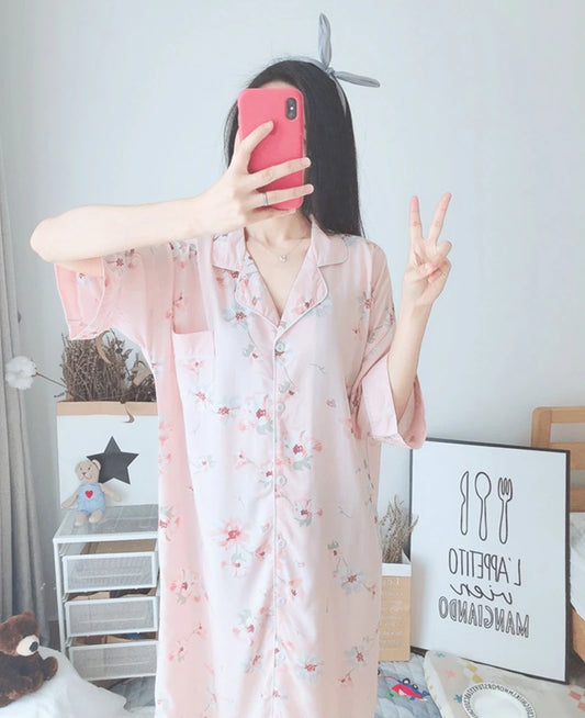 Soft Floral Print Nightgown Comfortable Half-Sleeve Lapel Sleepdress Gentle Style For Women's Homewear Sleepwear Summer Comfy