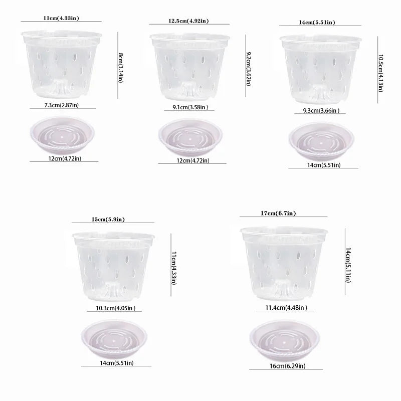 5Pcs 11/12.5/14/15/17cm Planter Pots with Side Holes Orchid Flowerpot with Trays Breathable Transparent Plastic  Flowerpot