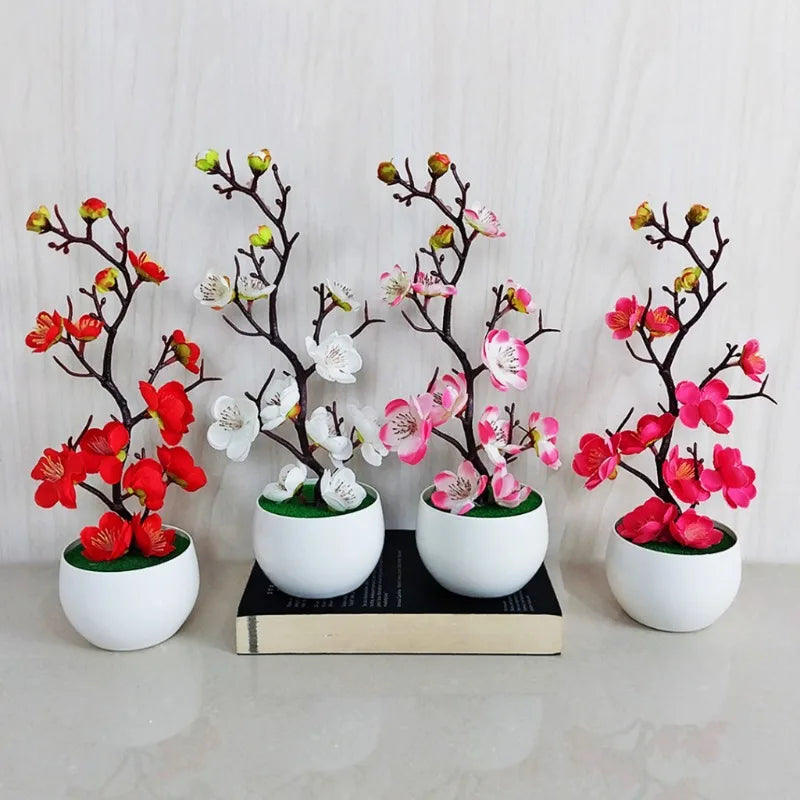 Potted Simulation Flower for Home Wedding Office Table Decoration Realistic Anti-fading Simulation Silk Plum Fake Plants