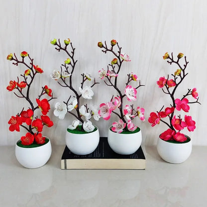 Potted Simulation Flower for Home Wedding Office Table Decoration Realistic Anti-fading Simulation Silk Plum Fake Plants