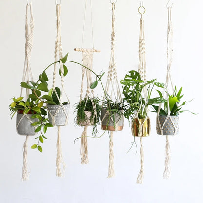 Gardening Plant Hanging Basket Handmade Macrame Flowerpot Pocket Cotton Rope Flower Pot Indoor Home Boho Style Yard Wall Decor
