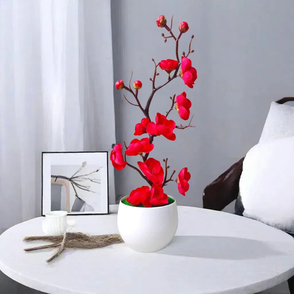Lifelike Artificial Plum Flower Tree Mini Potted Plant Faux Wax Bonsai for Indoor Outdoor Tabletop Garden Home Hotel Decor