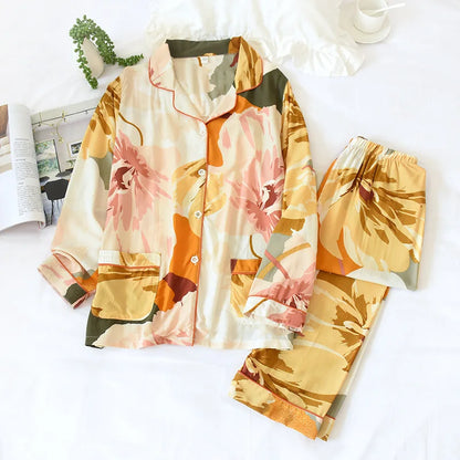 Two-piece Set Women Home Clothes for Spring and Autumn Long-sleeved Viscose Cotton Trouser Suits Women Sleepwear Pajama Set