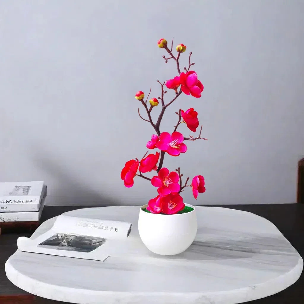 Lifelike Artificial Plum Flower Tree Mini Potted Plant Faux Wax Bonsai for Indoor Outdoor Tabletop Garden Home Hotel Decor