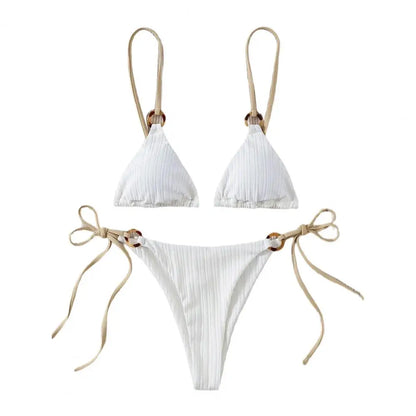Padded Three-point Women Bikini Set Solid Color Spaghetti Strap Hoop Women Swimsuit Two-piece Swimwear Wireless Bathing Suit