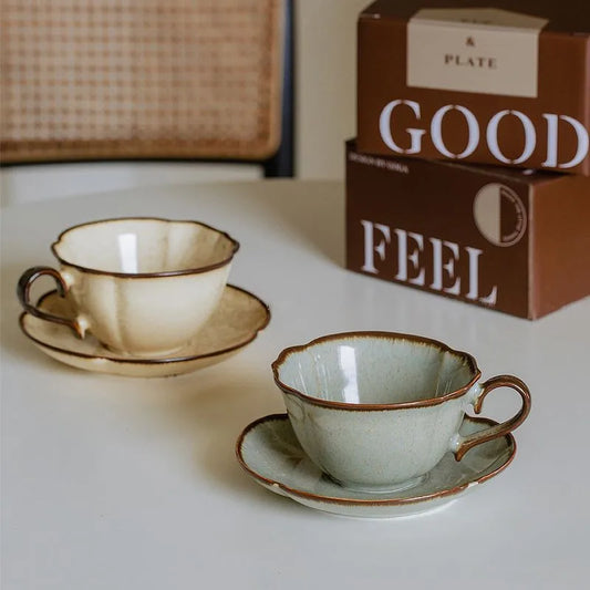 Ceramic Afternoon Tea Cup and Saucer Set, Lace Shape, Home Cafe, Office Teaware, Coffee Mug with Handle, Novel Gift, 240ml