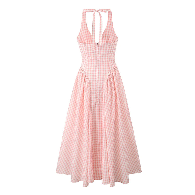 YENKYE  Summer Women Sexy Backless Pink Plaid Halter Dress Low Waist Elegant Party Dresses Holiday Robe
