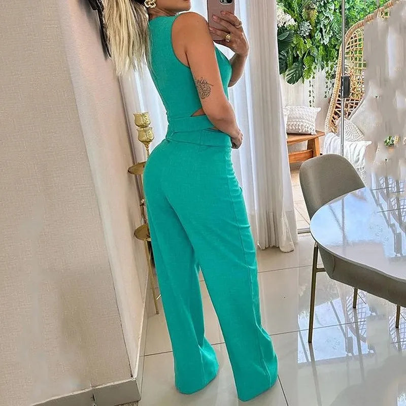 Women Elegant Round Neck Solid 2 Pieces Set Summer Streetwear Pant Sets Tight Hollow Out Sleeveless High Waist Long Pants Suits
