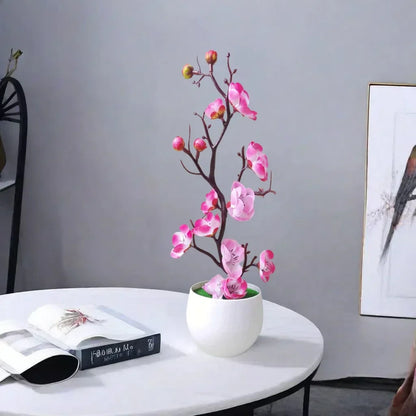 Lifelike Artificial Plum Flower Tree Mini Potted Plant Faux Wax Bonsai for Indoor Outdoor Tabletop Garden Home Hotel Decor