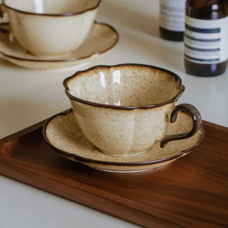 Ceramic Afternoon Tea Cup and Saucer Set, Lace Shape, Home Cafe, Office Teaware, Coffee Mug with Handle, Novel Gift, 240ml