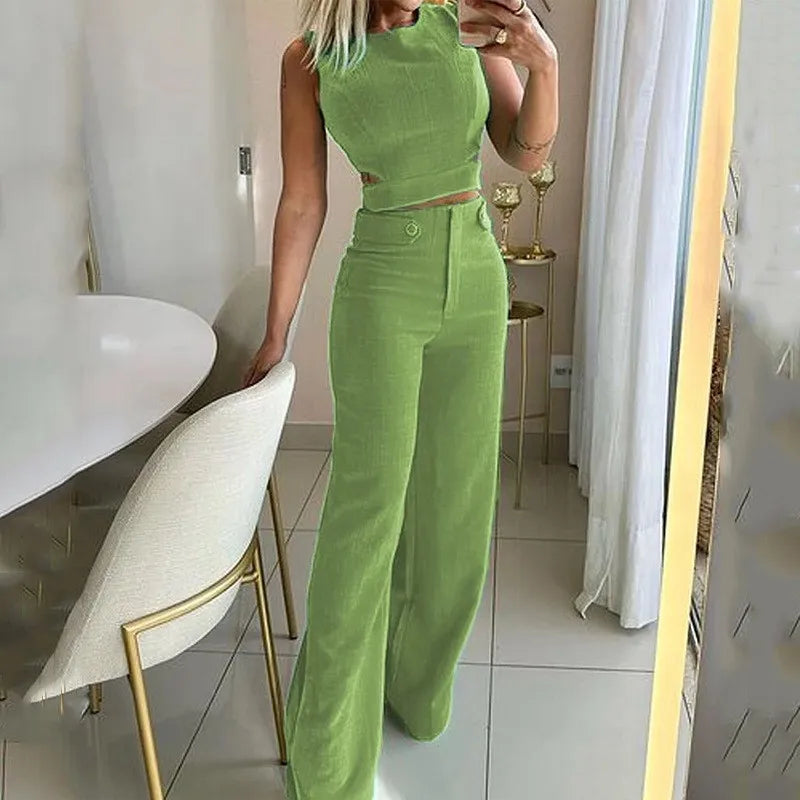 Women Elegant Round Neck Solid 2 Pieces Set Summer Streetwear Pant Sets Tight Hollow Out Sleeveless High Waist Long Pants Suits