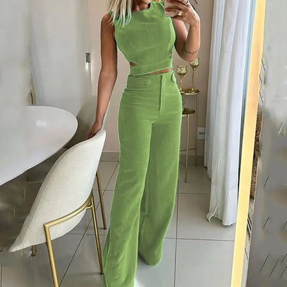 Women Elegant Round Neck Solid 2 Pieces Set Summer Streetwear Pant Sets Tight Hollow Out Sleeveless High Waist Long Pants Suits