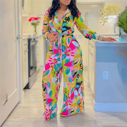 Fashion Printed Shirt Long Sleeve Women's Suit Spring Autumn Fashion Lace Up Tops Slim Elegant Female Straight Pants 2 Piece Set