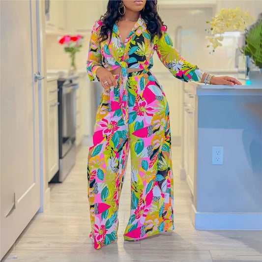 Fashion Printed Shirt Long Sleeve Women's Suit Spring Autumn Fashion Lace Up Tops Slim Elegant Female Straight Pants 2 Piece Set