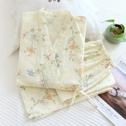 2025 new seven-sleeve Japanese-style kimono pajamas set female spring and autumn 100% cotton gauze home clothes cute sweet two-p