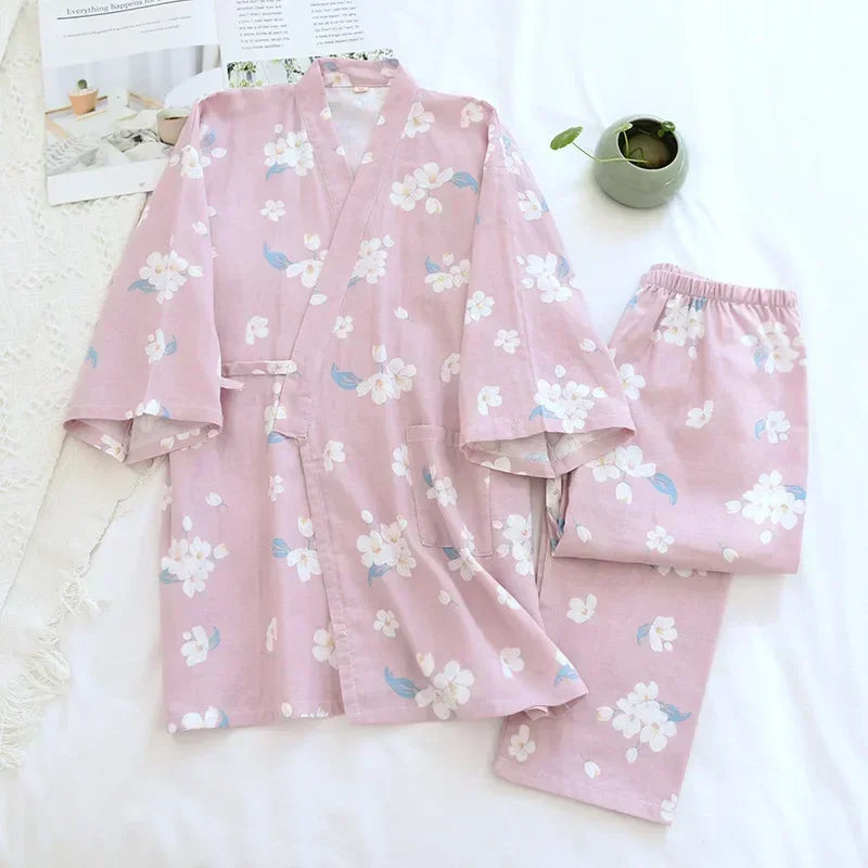 2025 new seven-sleeve Japanese-style kimono pajamas set female spring and autumn 100% cotton gauze home clothes cute sweet two-p