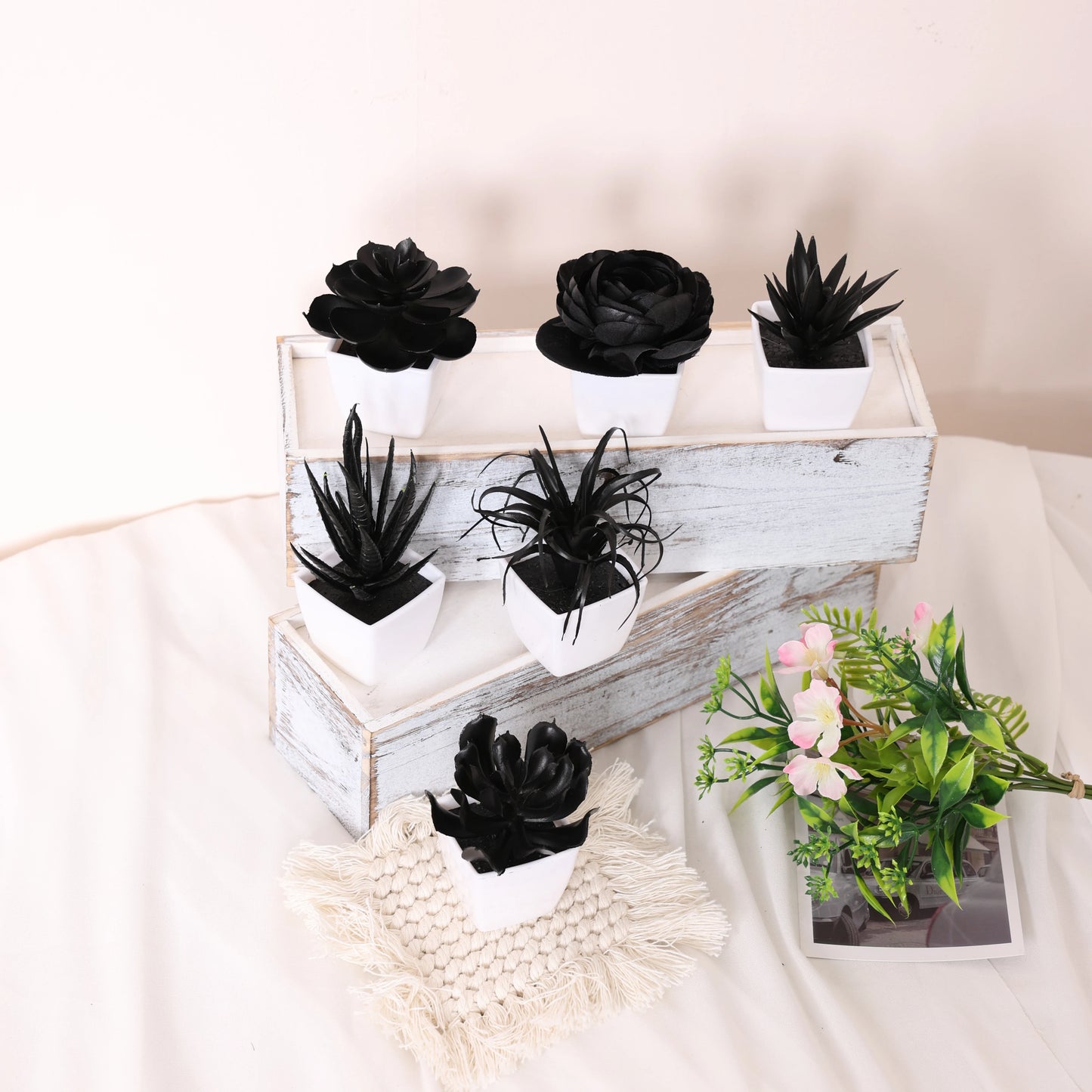 6PCS Black Artificial Succulent Small Potted Plant, Home, Office, Windowsill, Desktop, Holiday Party Decoration