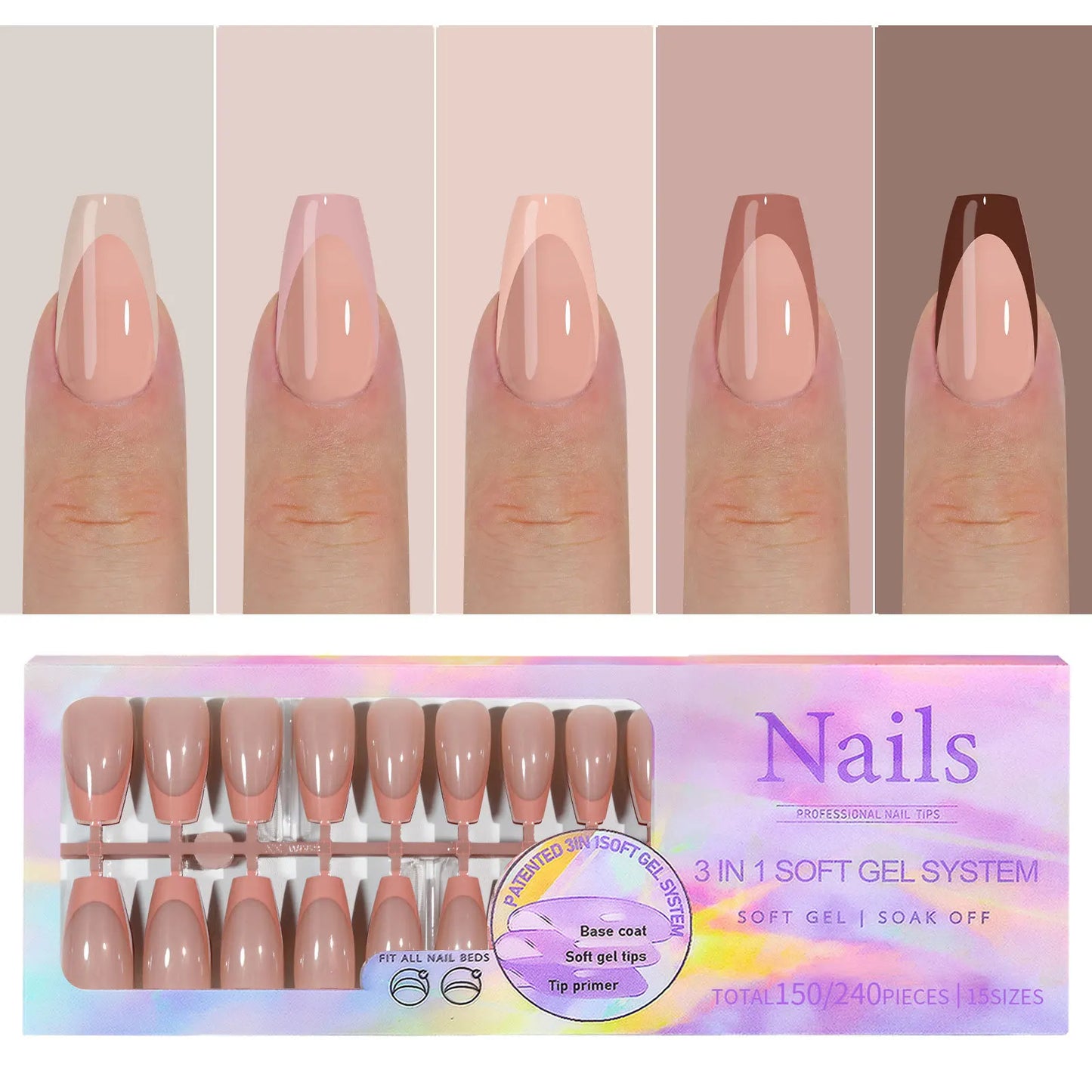 150pcs/Boxed French Gel Tips Press On Nails Black Coffee Almond Nails 15 Sizes Pre-applied Fake Nails For Manicure Extension