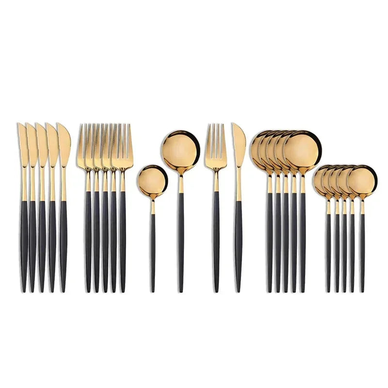 24Pcs Stainless Steel Dinnerware Set Black Gold Cutlery Spoon Fork Knife Western Cutleri Silverware tableware Set Supplies