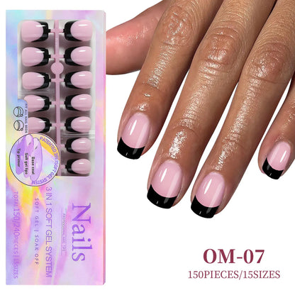 150pcs/Boxed French Gel Tips Press On Nails Black Coffee Almond Nails 15 Sizes Pre-applied Fake Nails For Manicure Extension