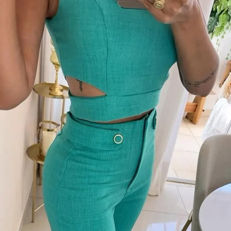 Women Elegant Round Neck Solid 2 Pieces Set Summer Streetwear Pant Sets Tight Hollow Out Sleeveless High Waist Long Pants Suits